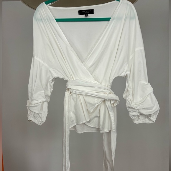 Max Studio Tops - -MAX STUDIO LONDON-  size medium white shirt with puffy ruffled sleeves wrap
